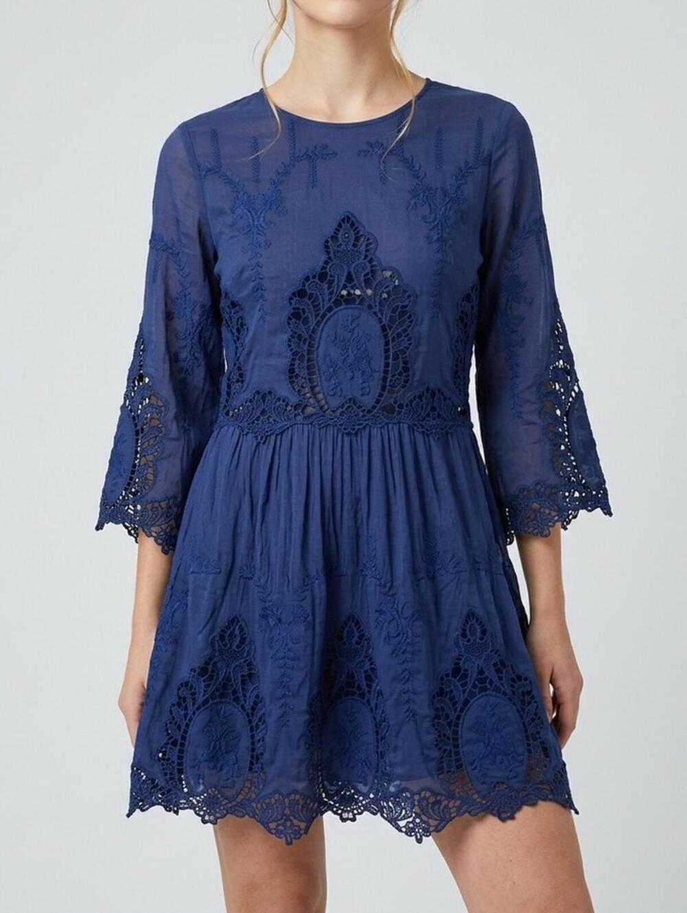 Ezra Navy‎ Blue Lace Crochet Eyelet Midi Dress M Boho Fit Flare Summer